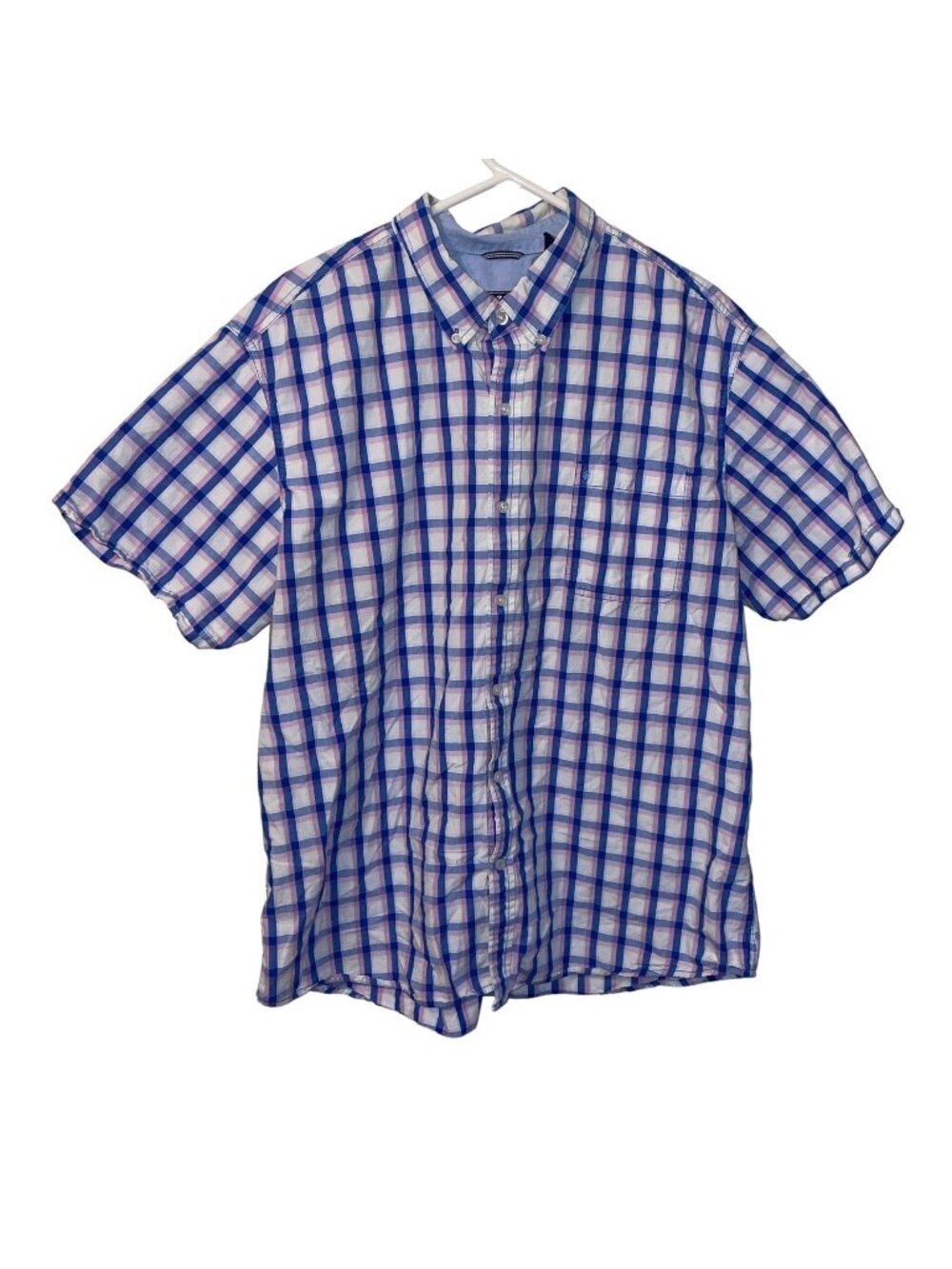 Izod Mens Plaid Short Sleeve Button-Down Shirt XXL Blue White Pink Cotton